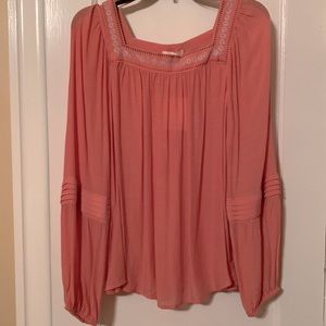 LC Lauren Conrad Peach Blouse/ Top with Embroidered Neckline, Size Large